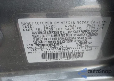 2021 Nissan Versa Sv Xtronic Cvt from USA, damaged, VIN 3N1CN8EV2ML834073